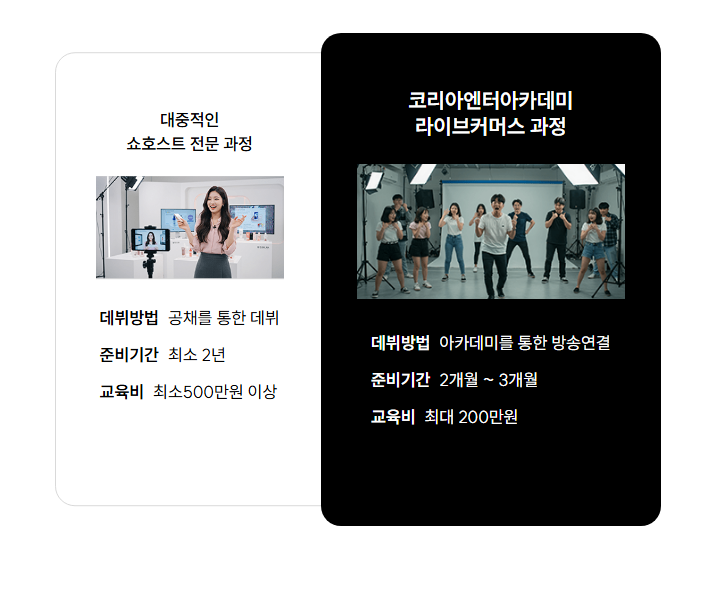 코리아엔터아카데미 라이브커머스 과정 설명